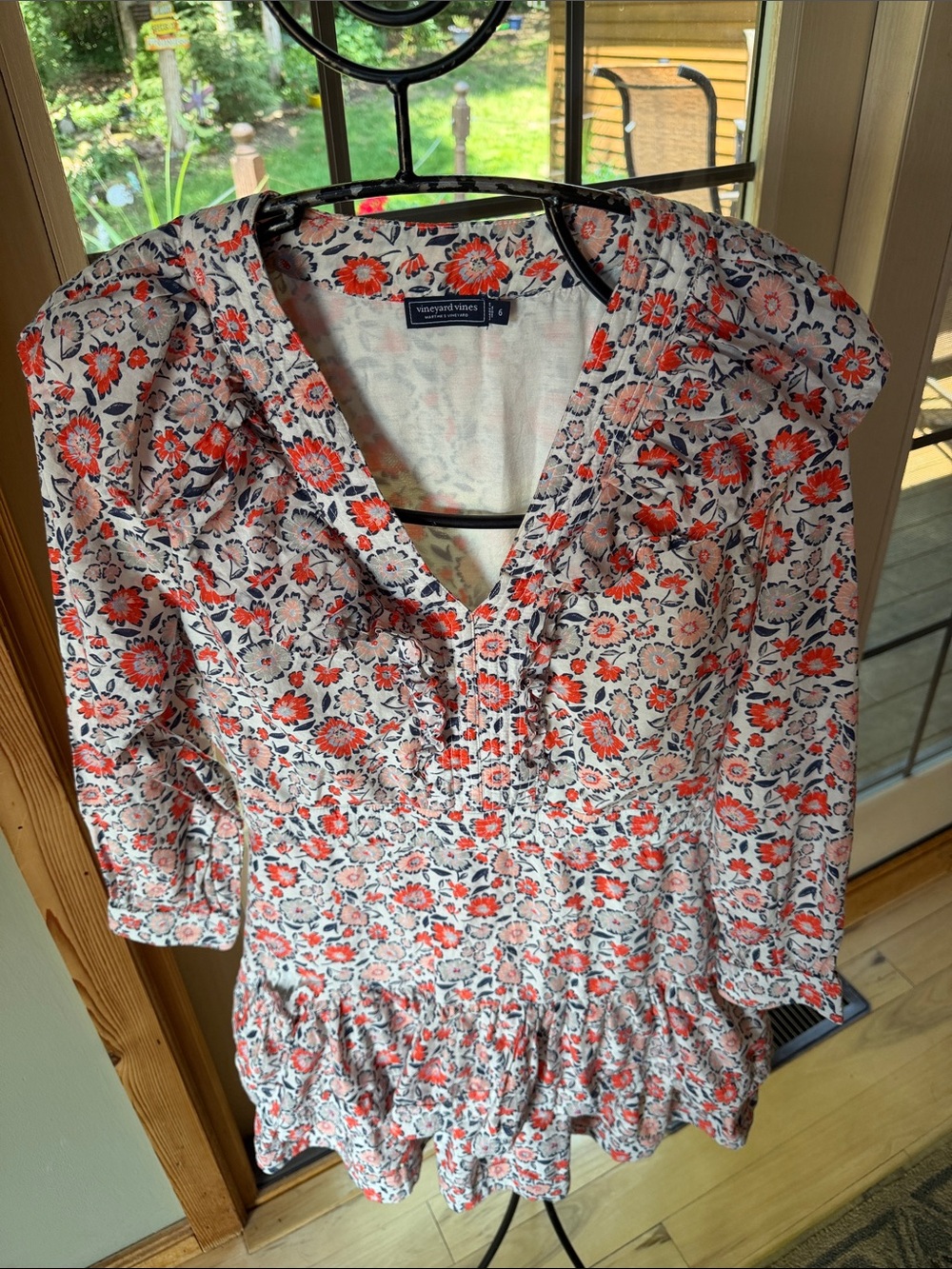 Vineyard Vines Ivy Ruffle Style Tiered Coral & Navy Floral Peplum Sz 6 Dress
